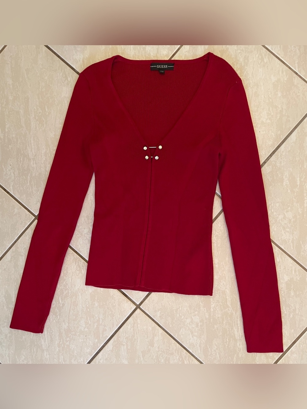 GUESS Women's Red V-Neck Long Sleeve Top with Center Accent - Picture 7 of 11